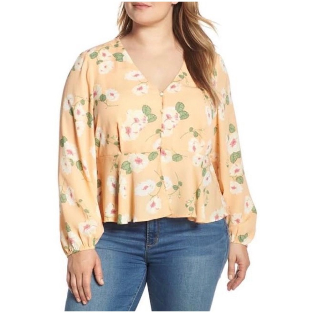 Leith Womens Yellow Floral Peplum Blouse Long Sleeve V-Neck Button Front XS